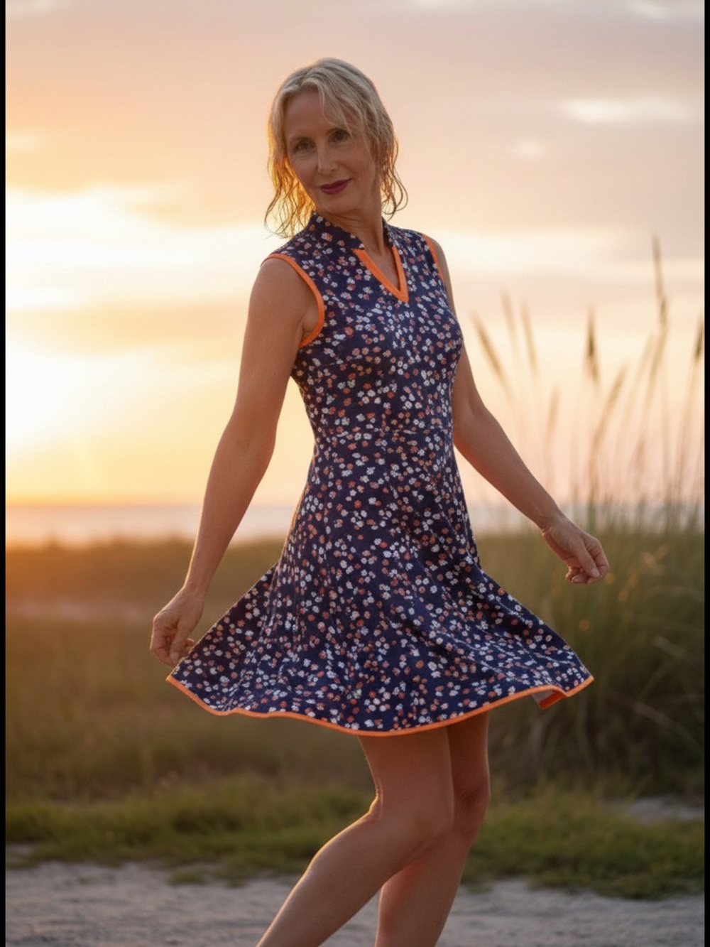 Navy Floral Sleeveless Mini Dress with Orange Trim